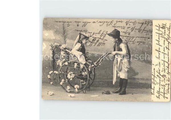 Kinder Child Enfants Trachten Holzwagen Blumen