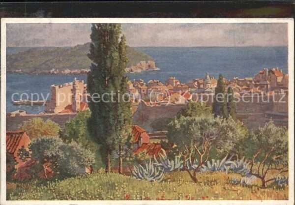 Dubrovnik Ragusa Panorama am Meer Künstlerkarte