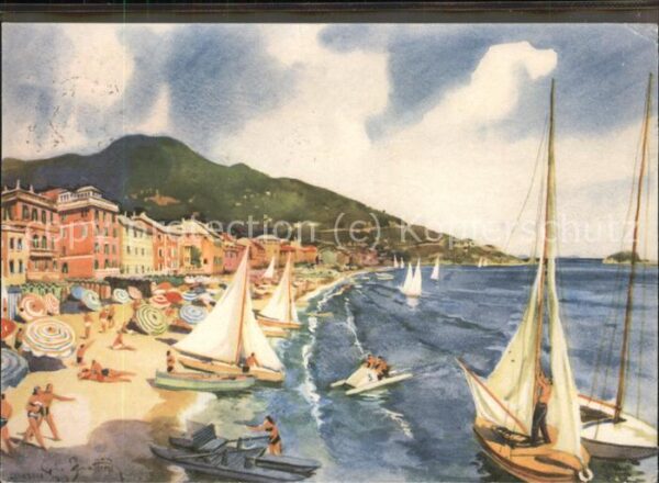 ALASSIO Savona Liguria IT Strand baddn Segelboote Künstlerkarte