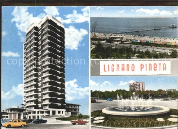 Lignano Hochhaus Strand Brunnen Autos