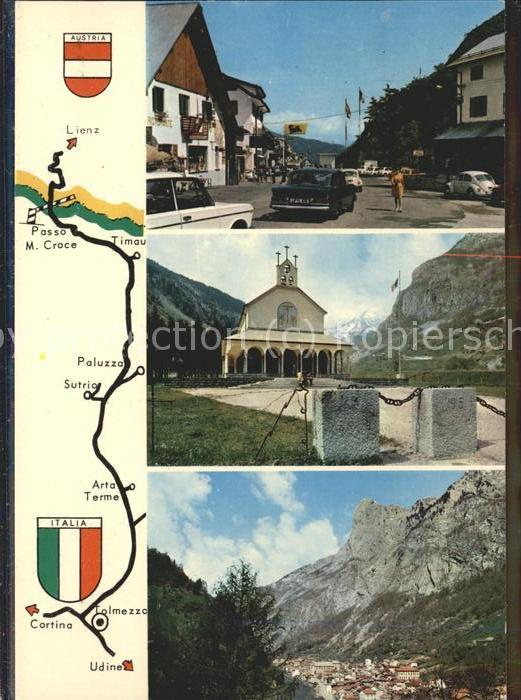 Passo Monte Croce Comelico Landkarte Kirche Panorama mit Bergen