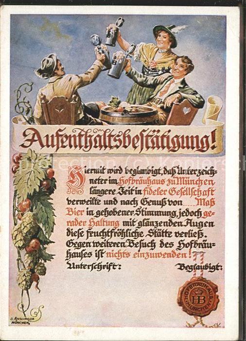 Hofbraeuhaus Muenchen Bier Aufenthaltsbestätigung Tracht