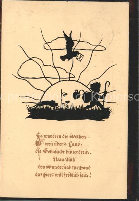 Scherenschnitt Schattenbildkarte Vogel Brief Kind Wolken Sonne Wanderung