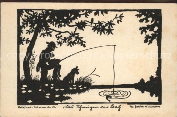 Scherenschnitt Schattenbildkarte angeln Angler Hund Fisch