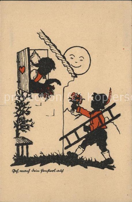 Scherenschnitt Schattenbildkarte Kinder Rosen Fenster Leiter