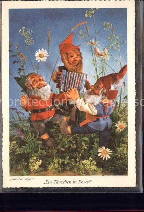 Zwerge Dwarfs Nains Handharmonika Blumen Tanz