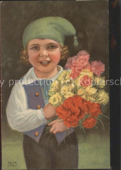 Kuenstlerkarte Kind Junge Blumen Nelken