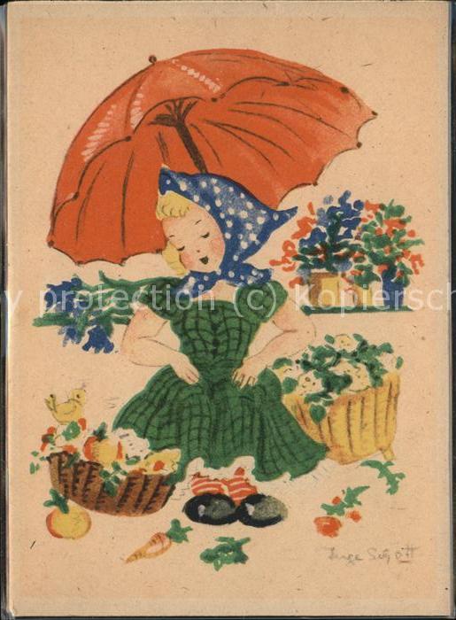 Kuenstlerkarte Inge Schott Regenschirm Blumen