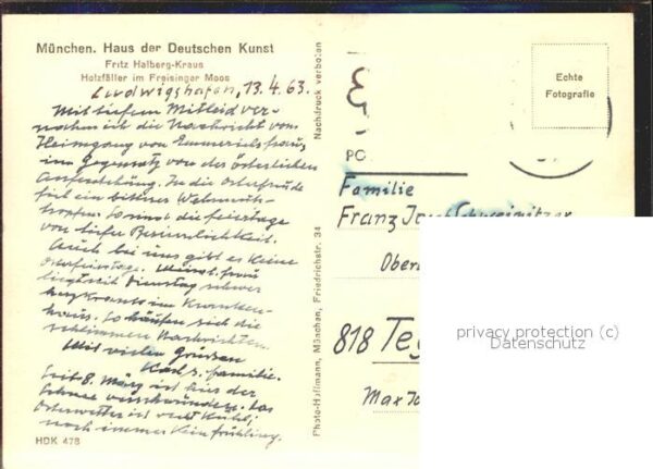Kuenstlerkarte Fritz Halberg-Kraus Holzfäller Freising – Bild 2