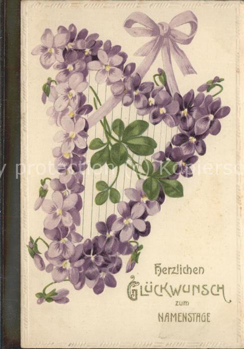 Namenstag Namenskarte Glückwünsche Harfe Blumen