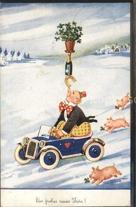 Neujahr Humor Auto Schwein Kleeblatt Clown