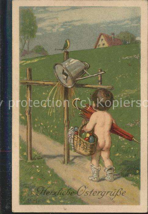 Ostern Easter Paques Kind Regenschirm Osterkorb Künstlerkart