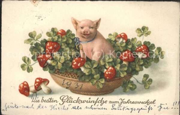 Neujahr Schwein Korb Pilze