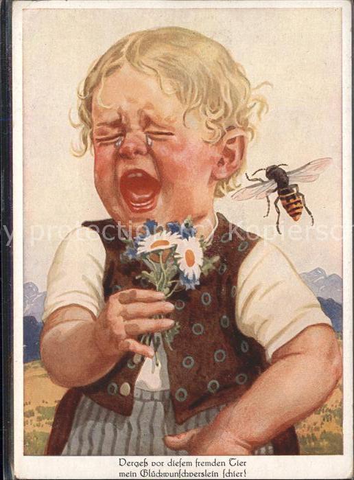 Kuenstlerkarte Kind Potrait Biene Blumen Spruch