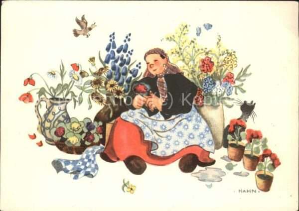Kuenstlerkarte Hahn Frau Blumen Katzen