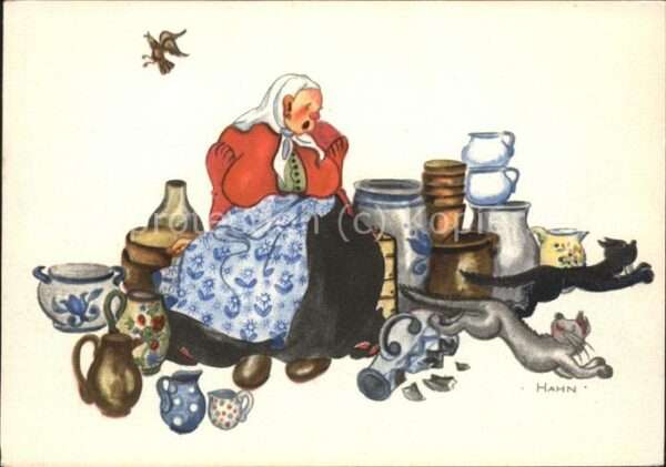 Kuenstlerkarte Hahn Frau Porzellan Vogel