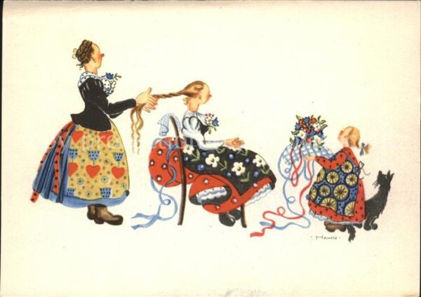 Kuenstlerkarte Hahn-Verlag Frauen Blumenstrauss Kind K