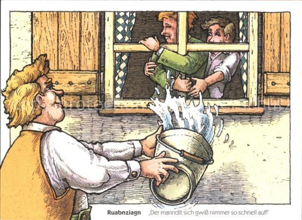 Man Wassereimer Frau Fenster