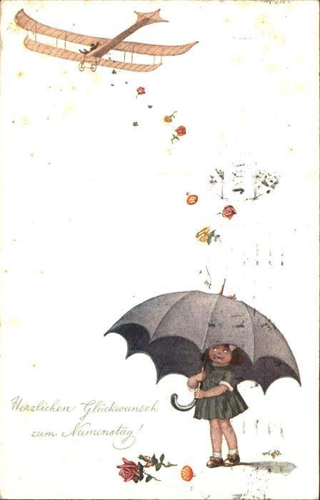 Namenstag Namenskarte Flugzeug Regenschirm Kind Rosen