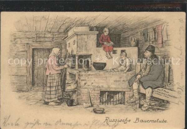 Kuenstlerkarte Russische Bauernstube Familie