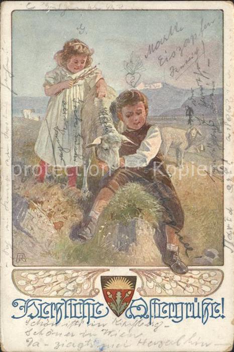 Kinder Child Enfants Ziege Künstlerkarte Wappen Ostergrüsse