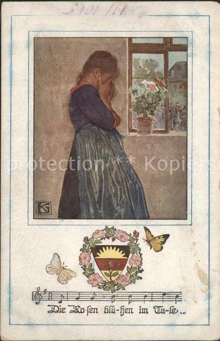 Liederkarte Wappen Rosen blühen Frau Künstlerkarte