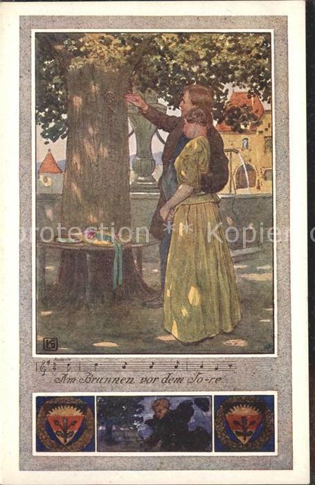 Liederkarte Künstlerkarte Wappen Paar Brunnen Baum