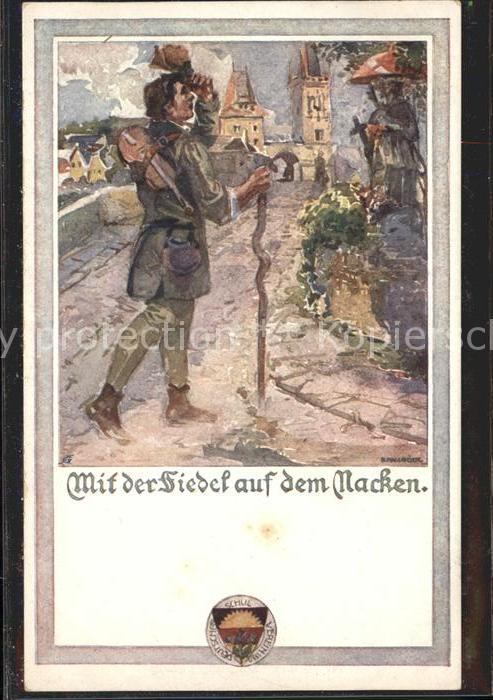Kuenstlerkarte Mit der Fiedel auf dem Nacken Wappen
