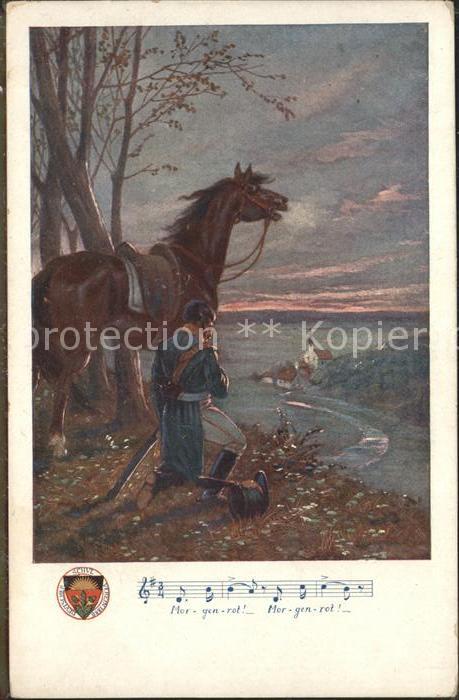 Verlag Schulverein Nr. 151 Liederkarte Morgenrot Pferd Soldat