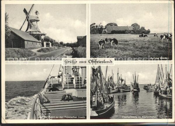 Ostfriesland Mühle Deich Fischerboote Küstenhafen