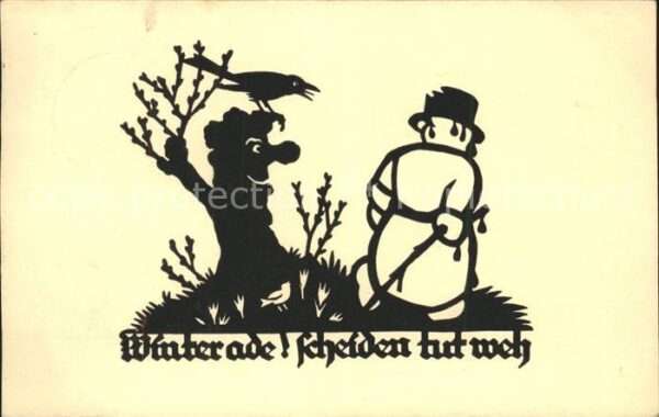 Scherenschnitt Schattenbildkarte Winter ade Schneemann