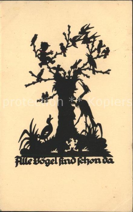 Scherenschnitt Schattenbildkarte Vögel Baum
