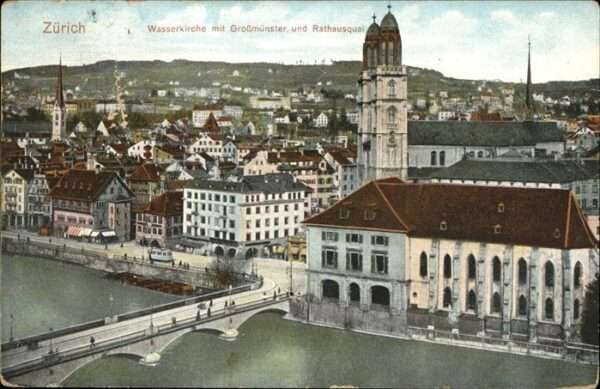 Zuerich Wasser Kirche  Grossmünster Rathausquai