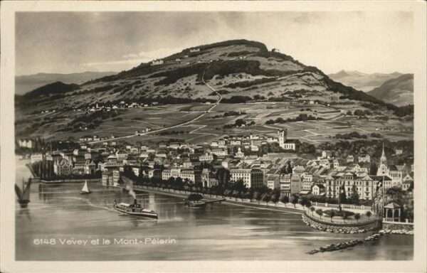 Vevey VD Mont Pelerin Fliegeraufnahme Schiff