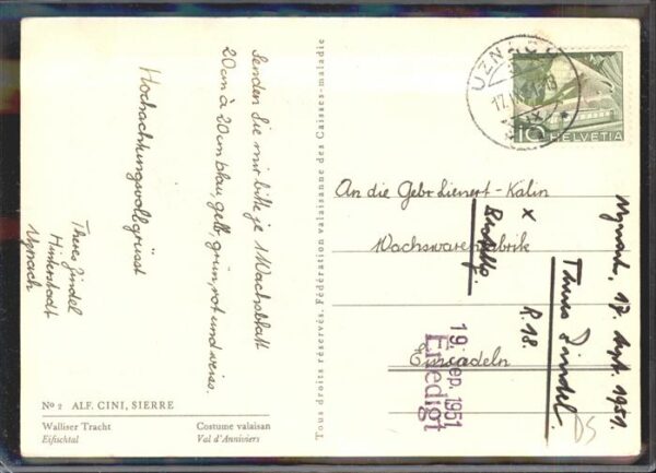 Kuenstlerkarte Alf Cini No 2 Walliser Tracht – Bild 2