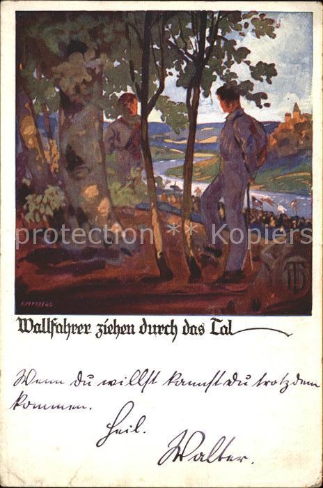 Kuenstlerkarte Wallfahrer ziehen durch das Tal