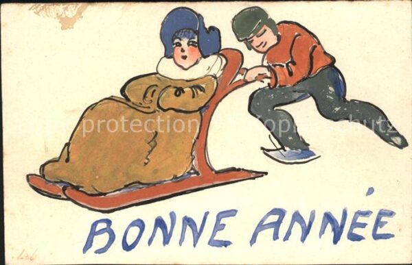 Handgemalt Schlitten Bonne Anne Neujahr