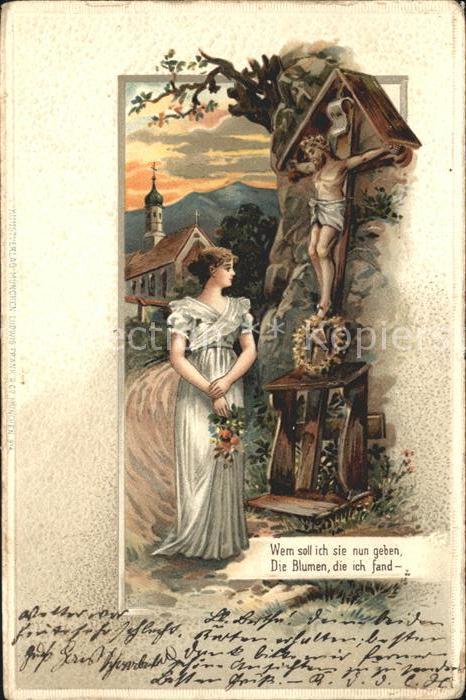 Poesie Wegkreuz Blumen Frau Litho