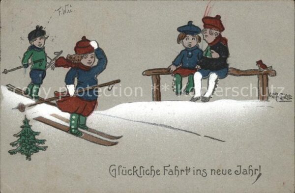 Skifahren Kinder Neujahr Künstlerkarte Carl Diehl