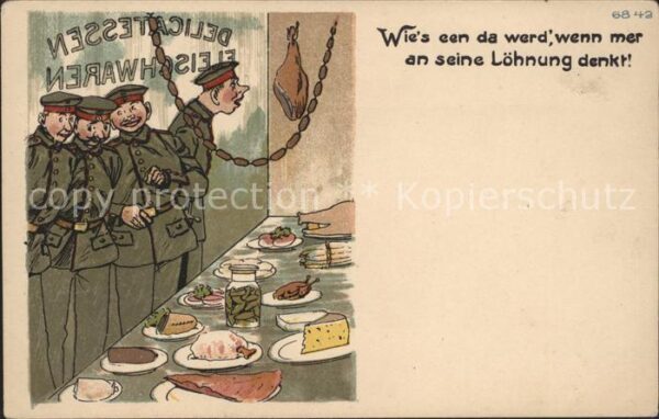 Metzgerei Fleischerei Schlachterei Soldaten Käse Wurst Litho