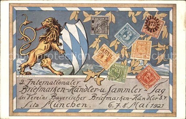 Briefmarken auf Postkarte Bayern Löwe Briefmarken-Händler-und-Sam