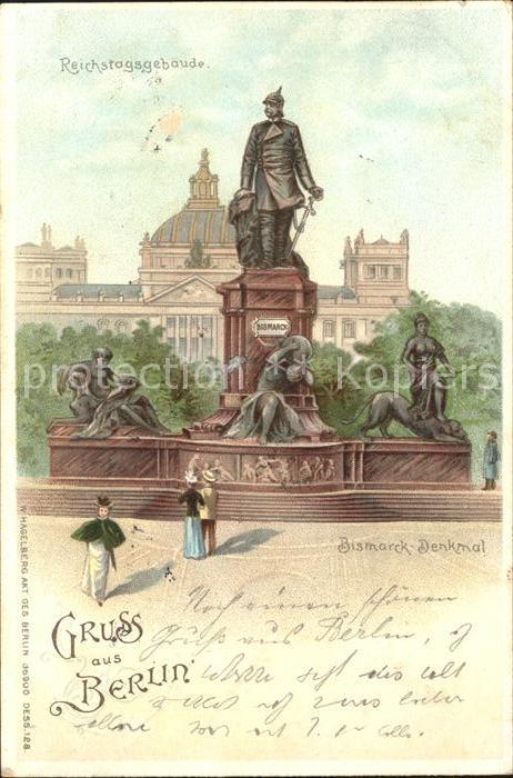 Bismarckdenkmal Berlin Reichstagsgebäude Litho W. Hagel