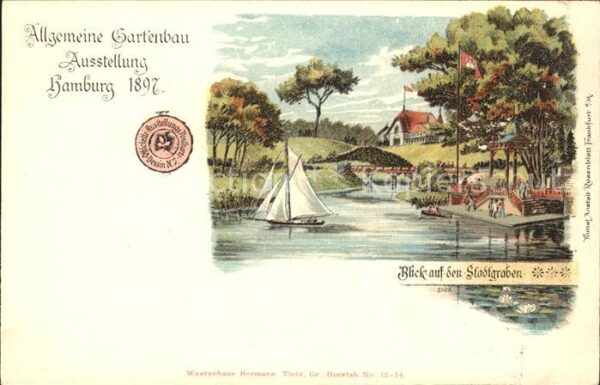 Gartenbauaustellung Hamburg Stadtgraben Segelboot Litho