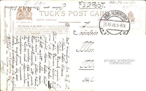 Verlag Tucks Oilette Nr. 7374 Church of the Badia Campanile Flor – Bild 2