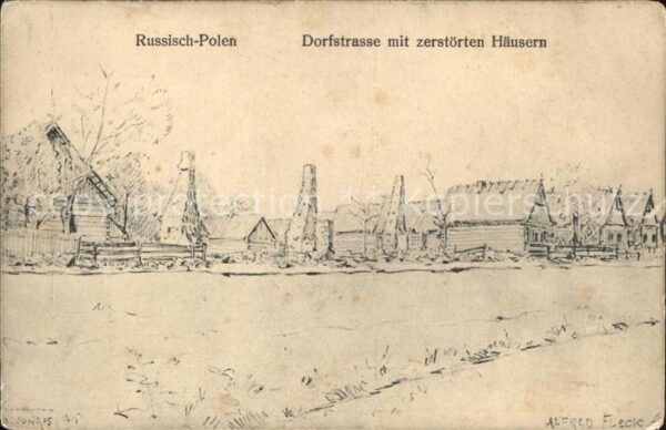 Russland Polen Dorfstrasse zerstörten Häusern