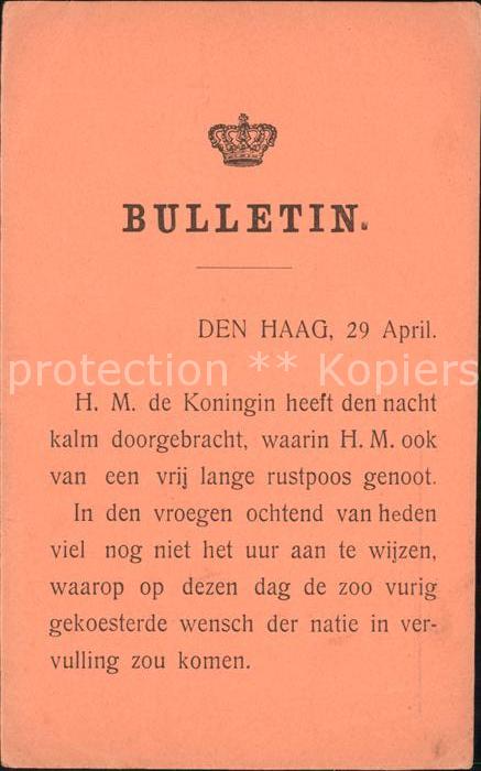 Adel Niederlande Bulletin Den Haag Königin Wilhelmina