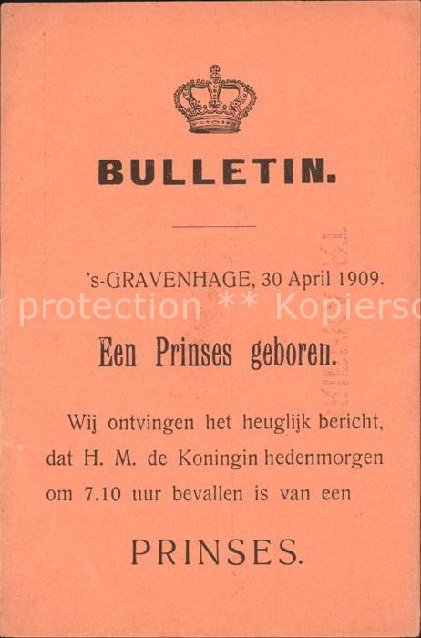 Adel Niederlande Bulletin Geburt Prinzessin Juliana s-Gr