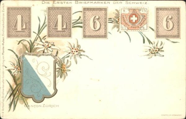 Briefmarken auf Postkarte Ersten Briefmarken Schweiz Wappen Edelw