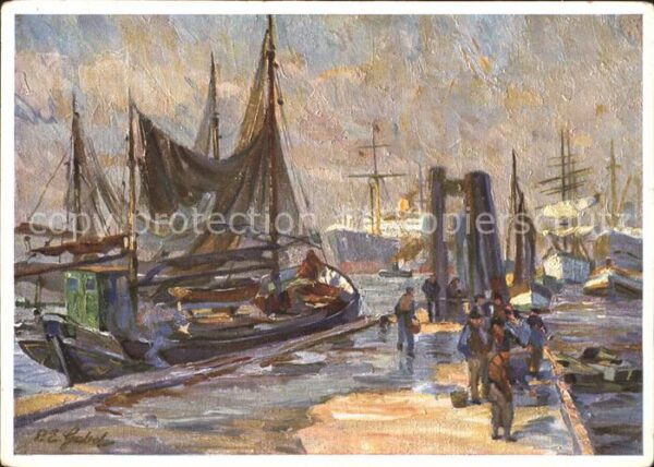 Kuenstlerkarte P.E. Gabel Hamburg Hafen Segelboot