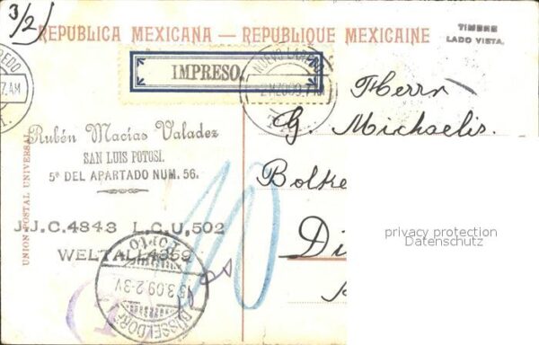 San Luis Potosí Catedral Stempel auf AK – Bild 2